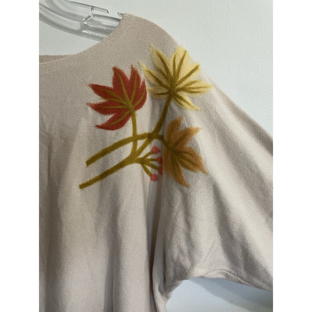 AAeda Sweater Women L Large Beige 3/4 Sleeve Felted Flowers Soft Boho Hippie - Picture 3 of 7